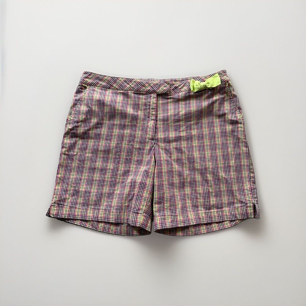 Lady Hagen Women’s 8 Chino Plaid Shorts Purple Green Pink Bow Accent